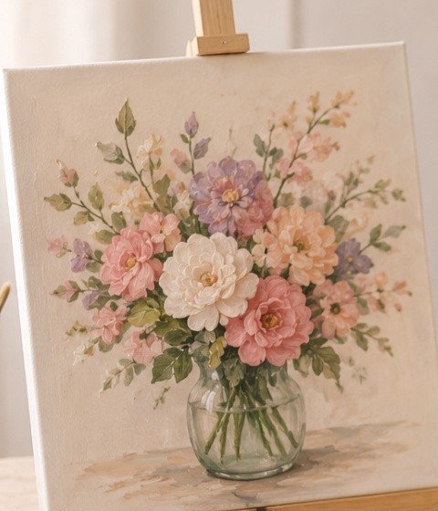 Close up of hand-painted floral canvas