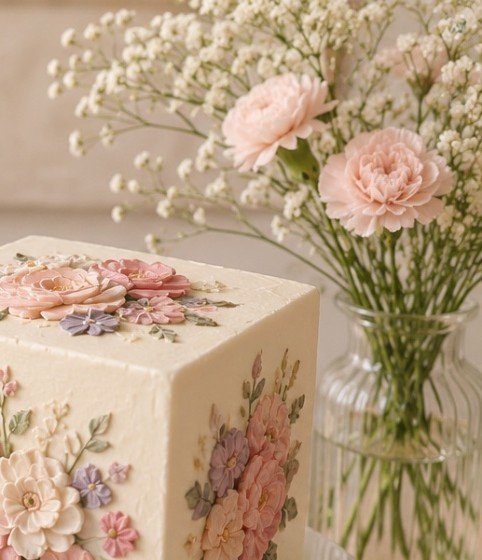 Painted cake beside fresh flowers