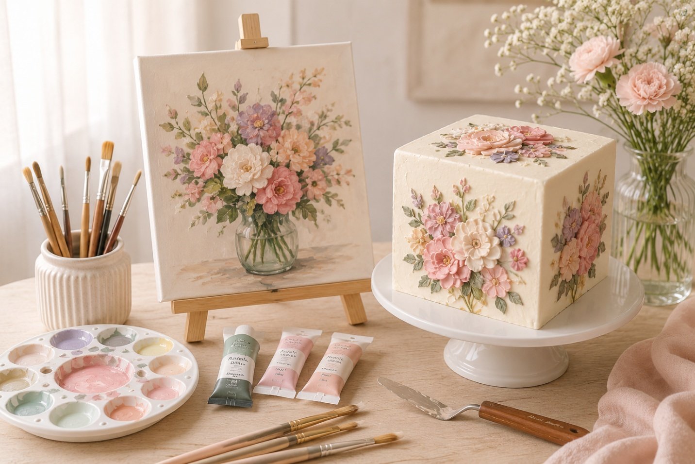 Painting supplies and finished floral canvas on a studio table