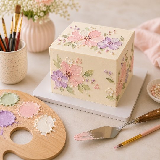 Finished cake painting artwork with buttercream flowers