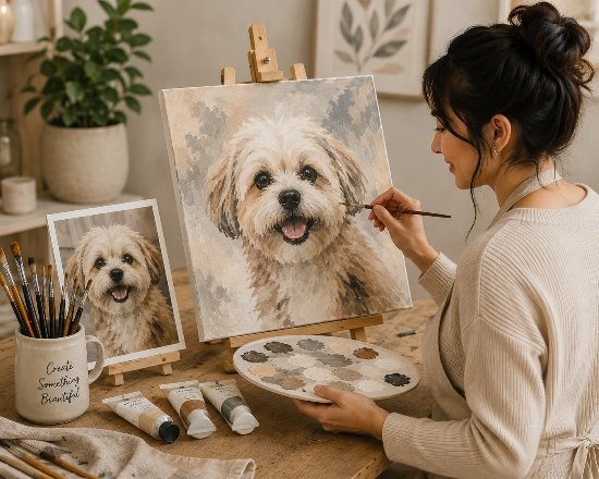 Guest painting a custom pet portrait