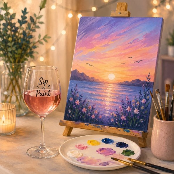 Sip and paint sunset canvas with a glass of wine